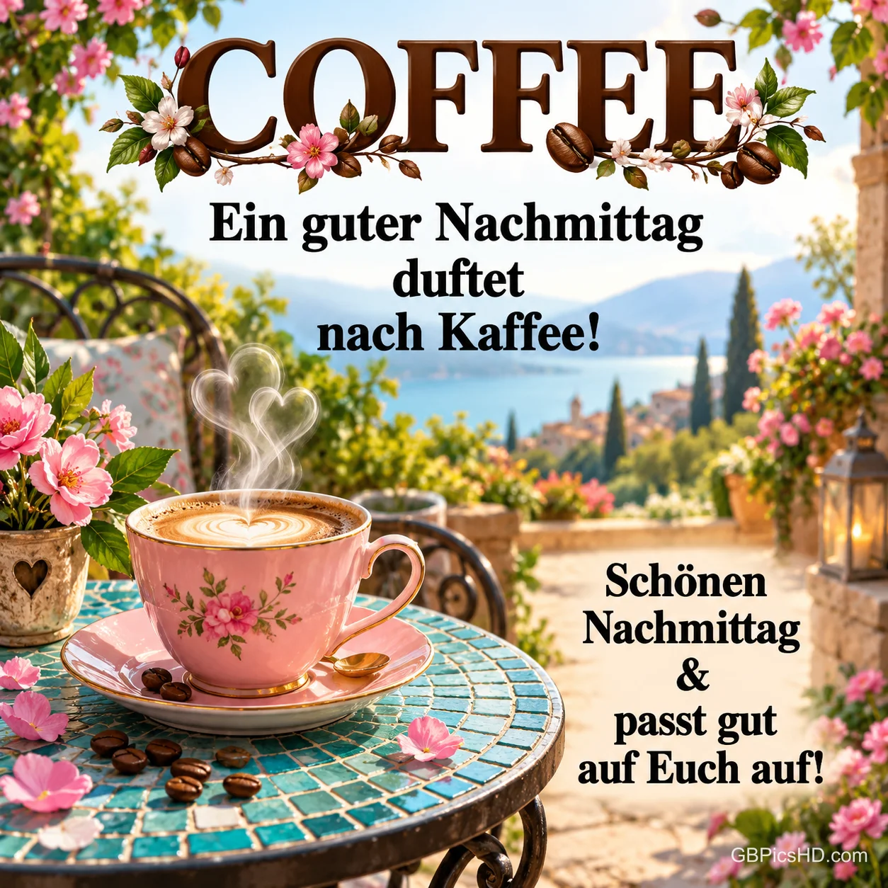 Eine rosa Kaffeetasse mit herzförmigem Dampf vor einer Seelandschaft und dem Gruß "Schönen Nachmittag & passt gut auf Euch auf!".