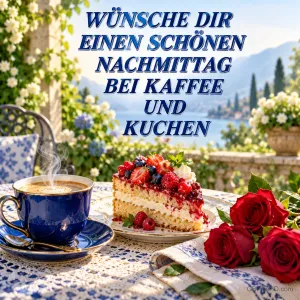 Eine blaue Kaffeetasse, Beerentorte und rote Rosen mit "WÜNSCHE DIR EINEN SCHÖNEN NACHMITTAG BEI KAFFEE UND KUCHEN".