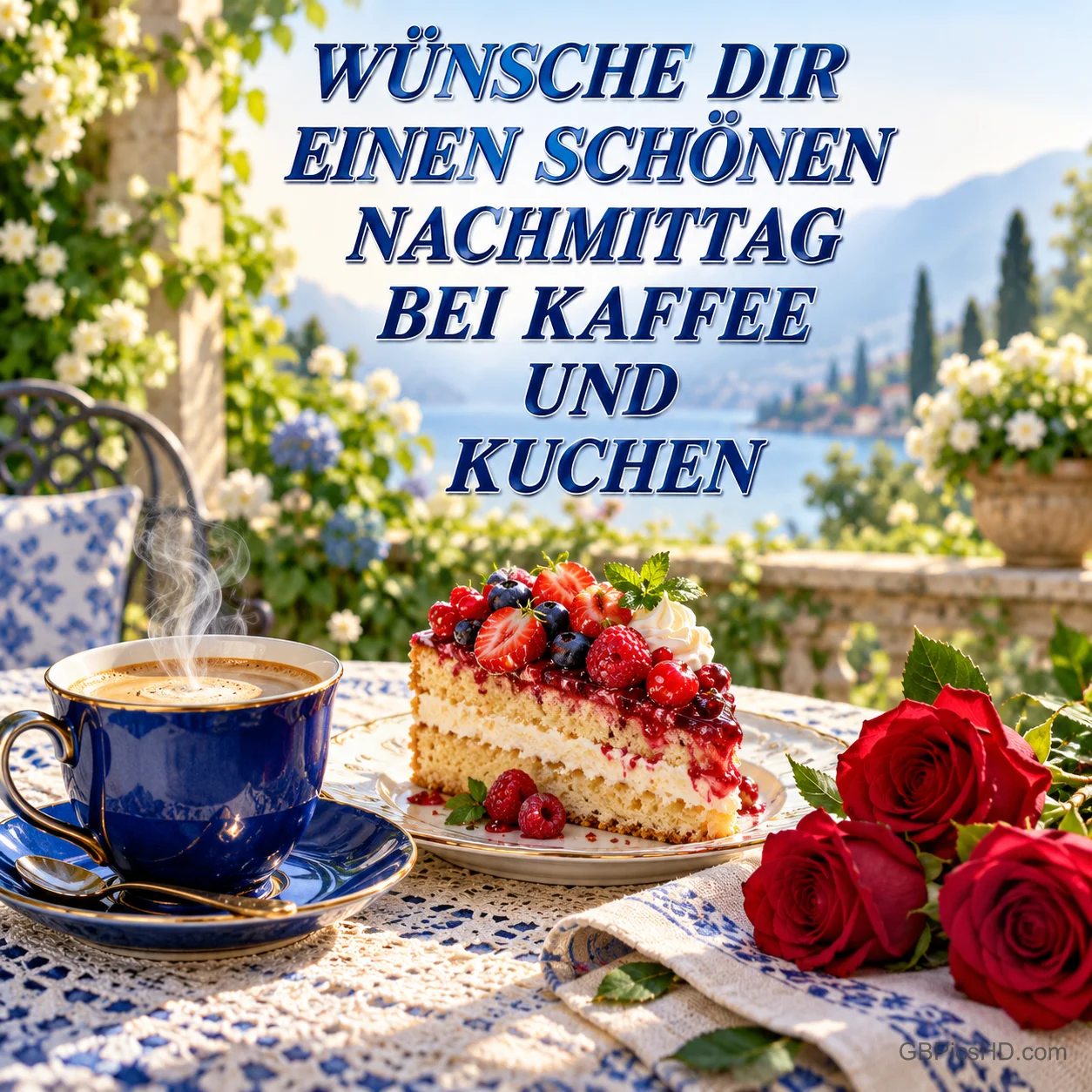 Eine blaue Kaffeetasse, Beerentorte und rote Rosen mit "WÜNSCHE DIR EINEN SCHÖNEN NACHMITTAG BEI KAFFEE UND KUCHEN".