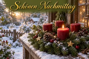 Ein Adventskranz mit vier roten Kerzen, davon eine brennend, steht im Schnee unter dem Gruß "Schönen Nachmittag".