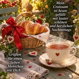 Croissant und Tee mit "Mein Croissants ist heute gefüllt mit lauter schönen und herzlichen Nachmittags Grüßen für einen lieben Menschen wie Dich....".