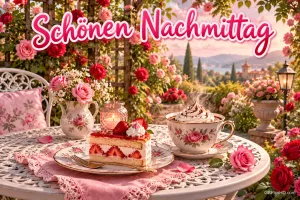 Kaffee und Erdbeertorte auf einem Gartentisch zwischen Rosen mit dem Gruß "Schönen Nachmittag".