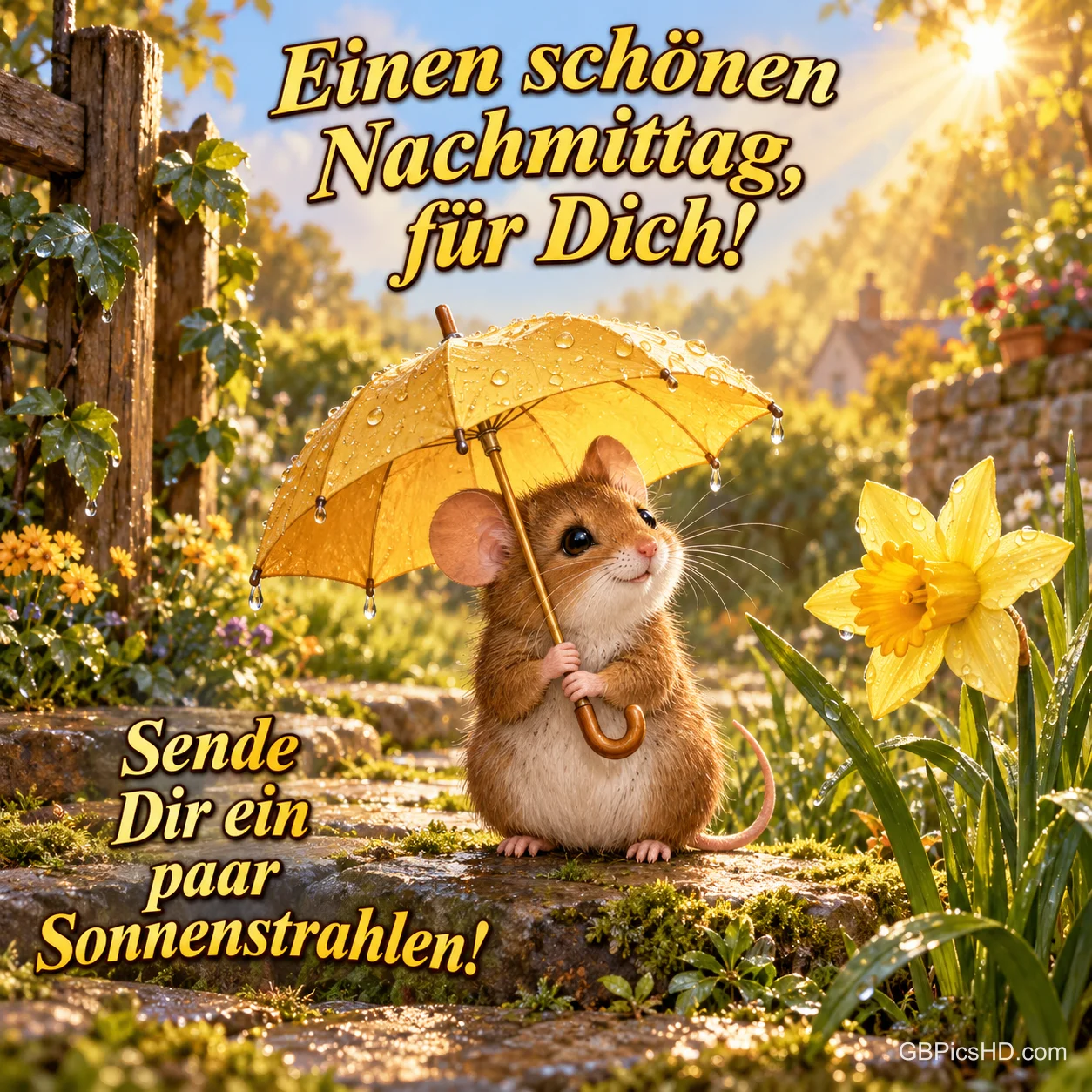Eine Maus hält einen gelben Schirm neben einer Narzisse im sonnigen Garten mit "Einen schönen Nachmittag, für Dich!".