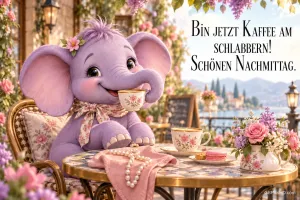 Ein lila Elefant trinkt aus einer Blümchentasse an einem Tisch mit Blumen und Macarons mit "Schönen Nachmittag.".