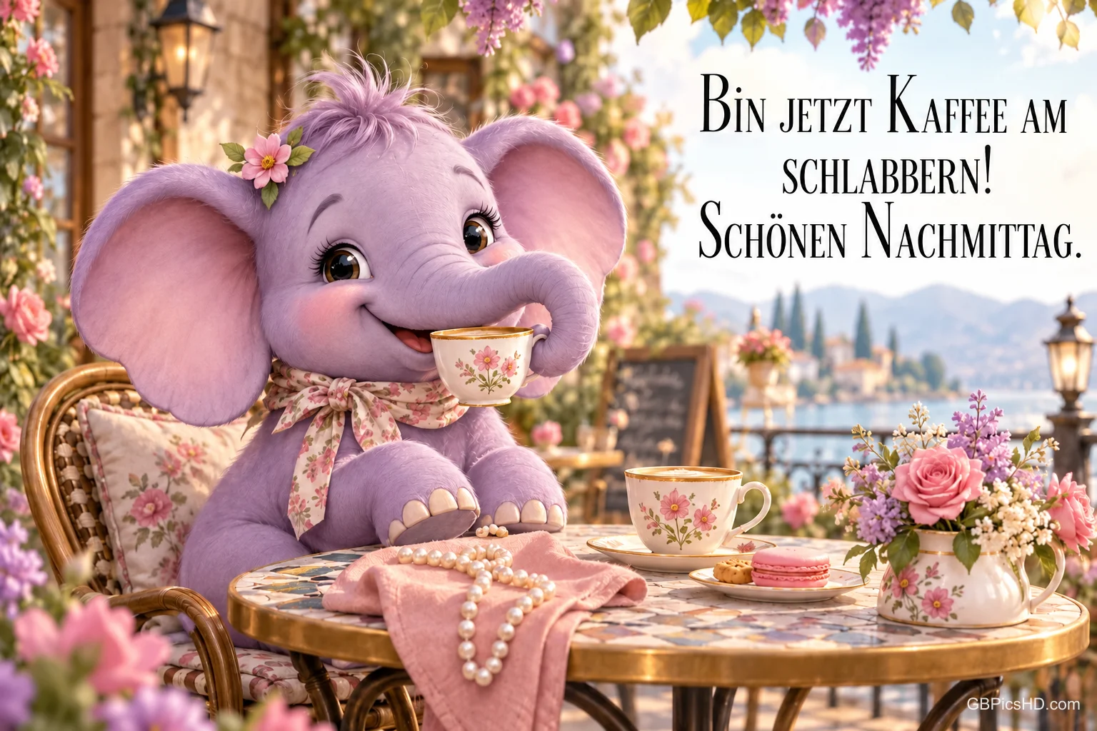 Ein lila Elefant trinkt aus einer Blümchentasse an einem Tisch mit Blumen und Macarons mit "Schönen Nachmittag.".