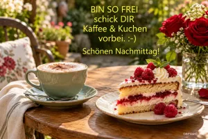 Eine grüne Kaffeetasse und Himbeertorte stehen neben roten Rosen auf einem Holztisch mit "Schönen Nachmittag!".