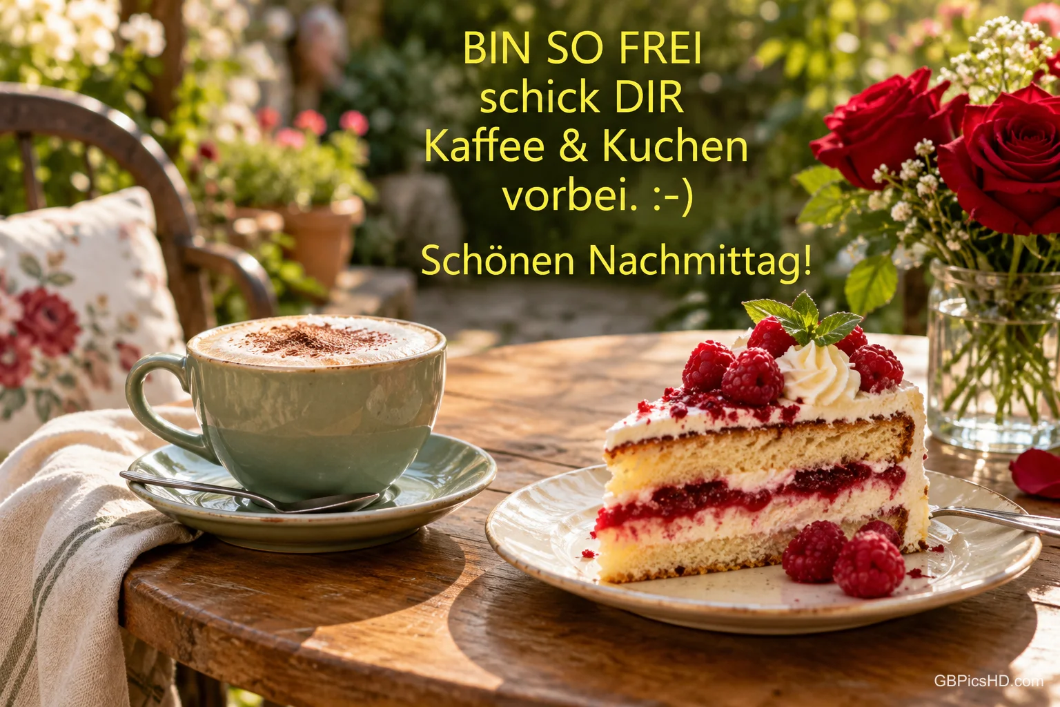 Eine grüne Kaffeetasse und Himbeertorte stehen neben roten Rosen auf einem Holztisch mit "Schönen Nachmittag!".