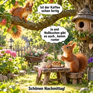 Zwei Eichhörnchen im Garten, eines auf einem Ast und eines bei Kaffee und Nusskuchen, mit "Schönen Nachmittag!".