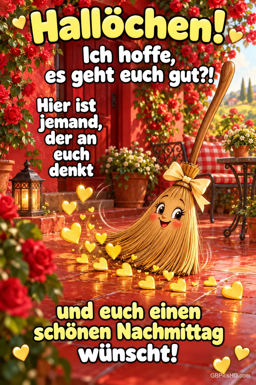 Ein lächelnder Besen mit gelber Schleife und leuchtenden Herzen auf einer roten, rosenbewachsenen Terrasse mit "Hallöchen!".