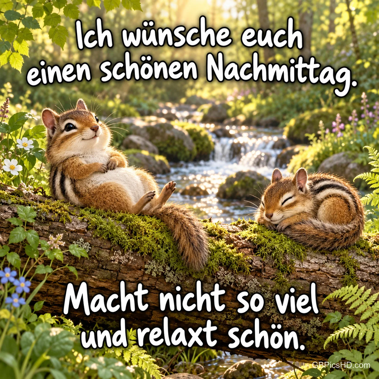 Zwei Streifenhörnchen ruhen auf einem moosigen Stamm am Bach mit dem Gruß "Ich wünsche euch einen schönen Nachmittag."
