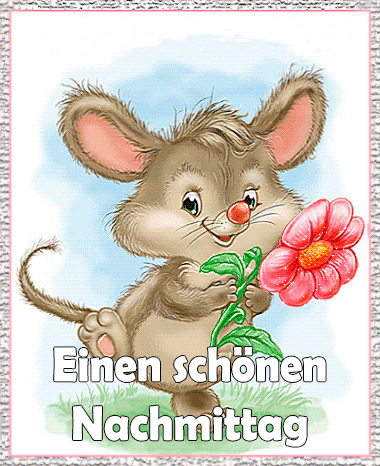 Fröhliche Maus mit großer pinker Blume wünscht einen schönen Nachmittag.
