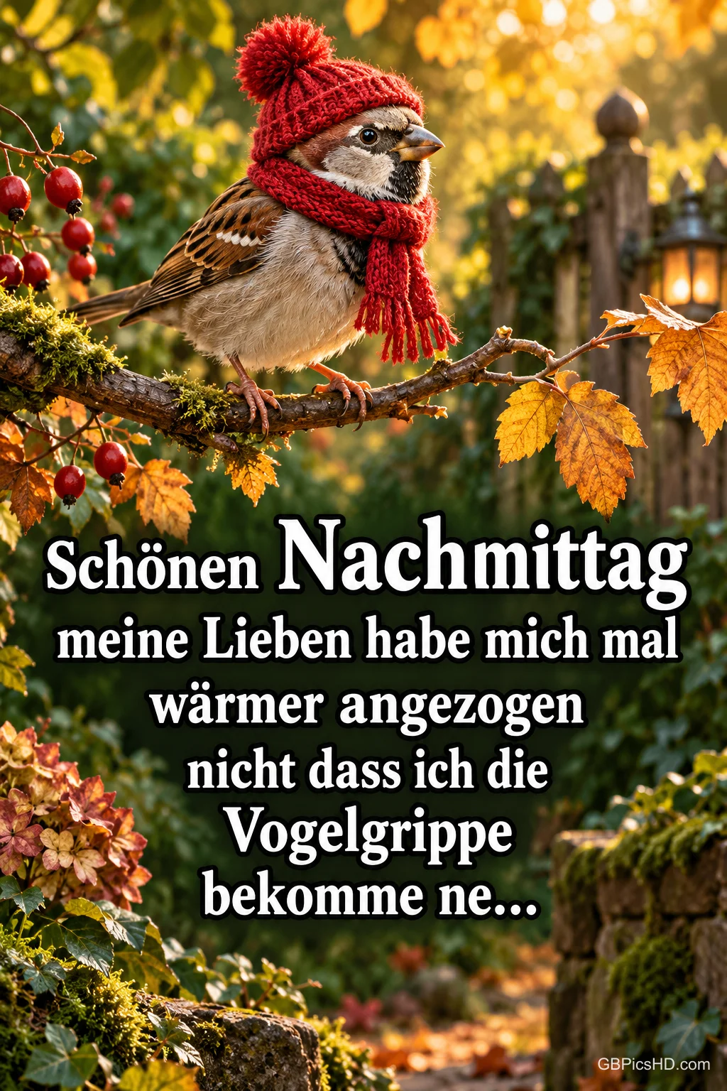 Ein Spatz mit roter Strickmütze und rotem Schal sitzt zwischen bunten Herbstblättern auf einem Ast mit "Schönen Nachmittag".