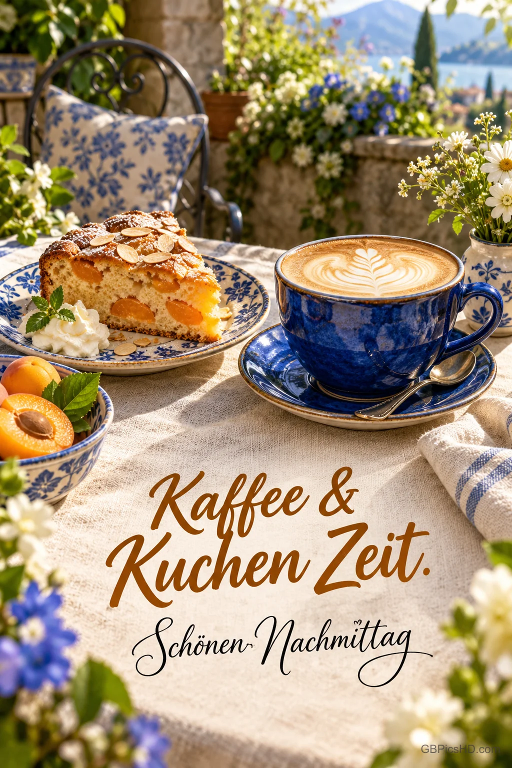 Kaffee und Aprikosenkuchen in blauem Geschirr auf einer Blumenterrasse mit "Kaffee & Kuchenzeit. Schönen Nachmittag".