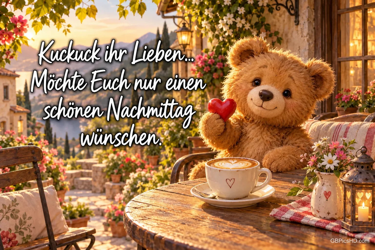 Ein Teddybär hält ein rotes Herz am Kaffeetisch mit "Kuckuck ihr Lieben... Möchte Euch nur einen schönen Nachmittag wünschen.".