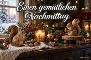 Zwei Eichhörnchenfiguren zwischen Nüssen, Kerzen und Tannenzweigen am verschneiten Fenster mit "Einen gemütlichen Nachmittag".