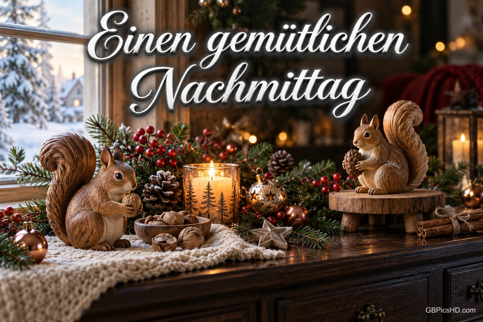 Zwei Eichhörnchenfiguren zwischen Nüssen, Kerzen und Tannenzweigen am verschneiten Fenster mit "Einen gemütlichen Nachmittag".