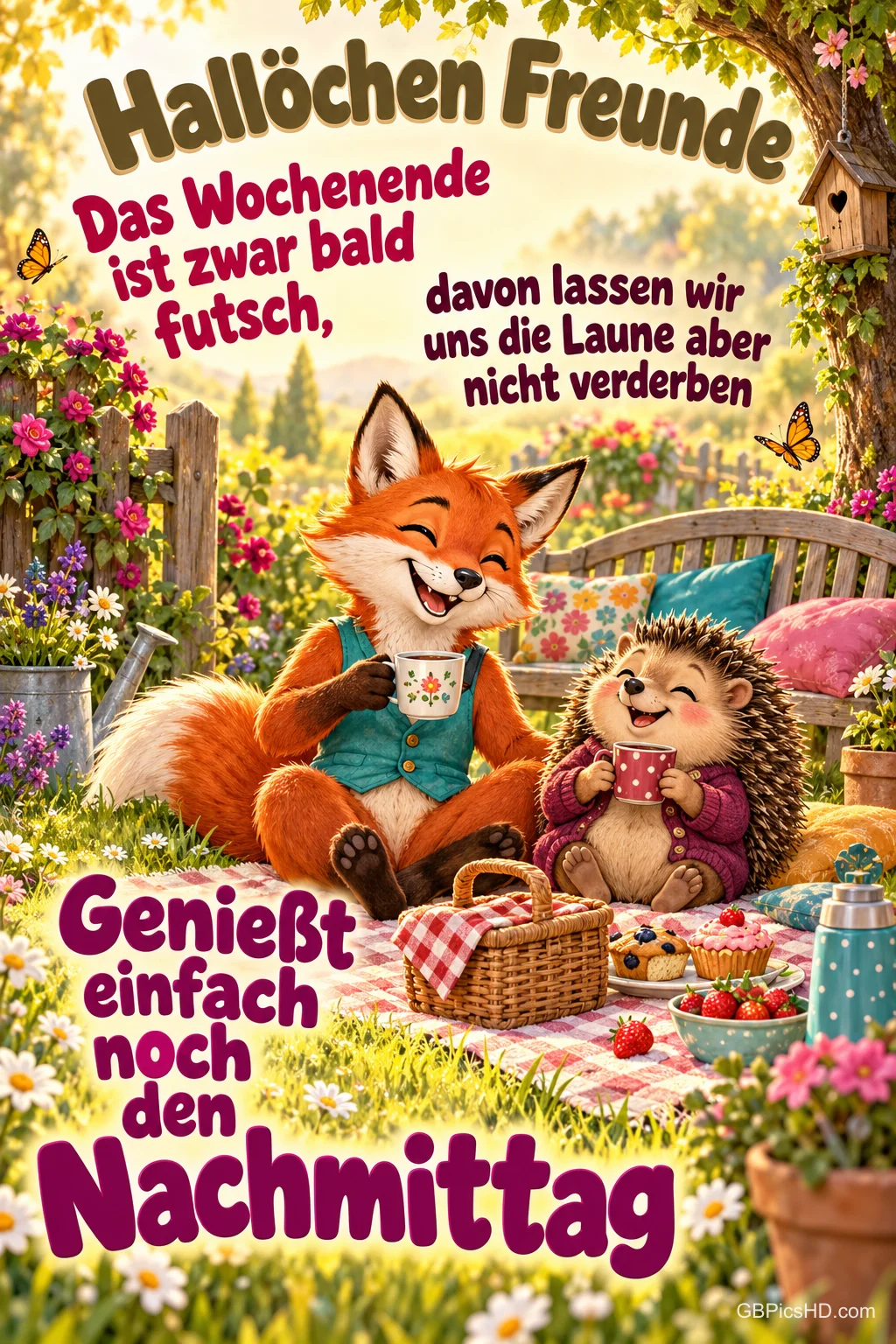 Fuchs und Igel trinken beim Picknick im Blumengarten aus Tassen, dazu steht "Genießt einfach noch den Nachmittag".