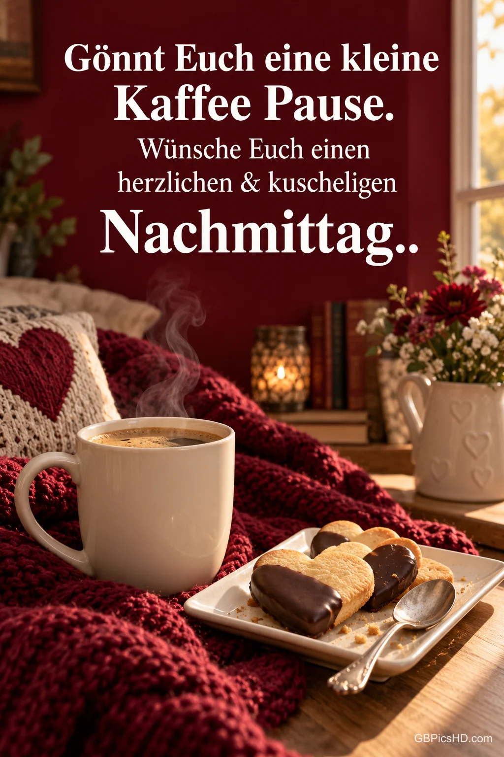 Dampfender Kaffee und Schokoherzkekse auf einer roten Strickdecke mit "Gönnt Euch eine kleine Kaffeepause.".