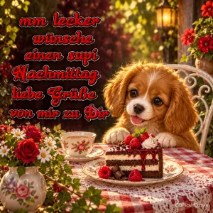 Ein Welpe sitzt vor Beerentorte und einer Tasse mit "Mm lecker wünsche einen supi Nachmittag liebe Grüße von mir zu Dir".