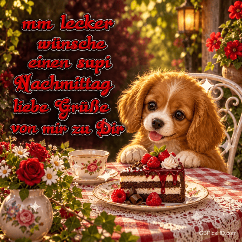 Ein Welpe sitzt vor Beerentorte und einer Tasse mit "Mm lecker wünsche einen supi Nachmittag liebe Grüße von mir zu Dir".