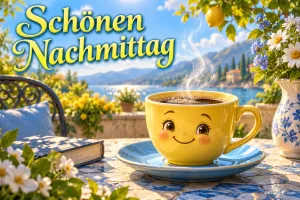 Eine gelbe Kaffeetasse mit lächelndem Gesicht steht neben einem Buch und Blumen am See mit "Schönen Nachmittag".
