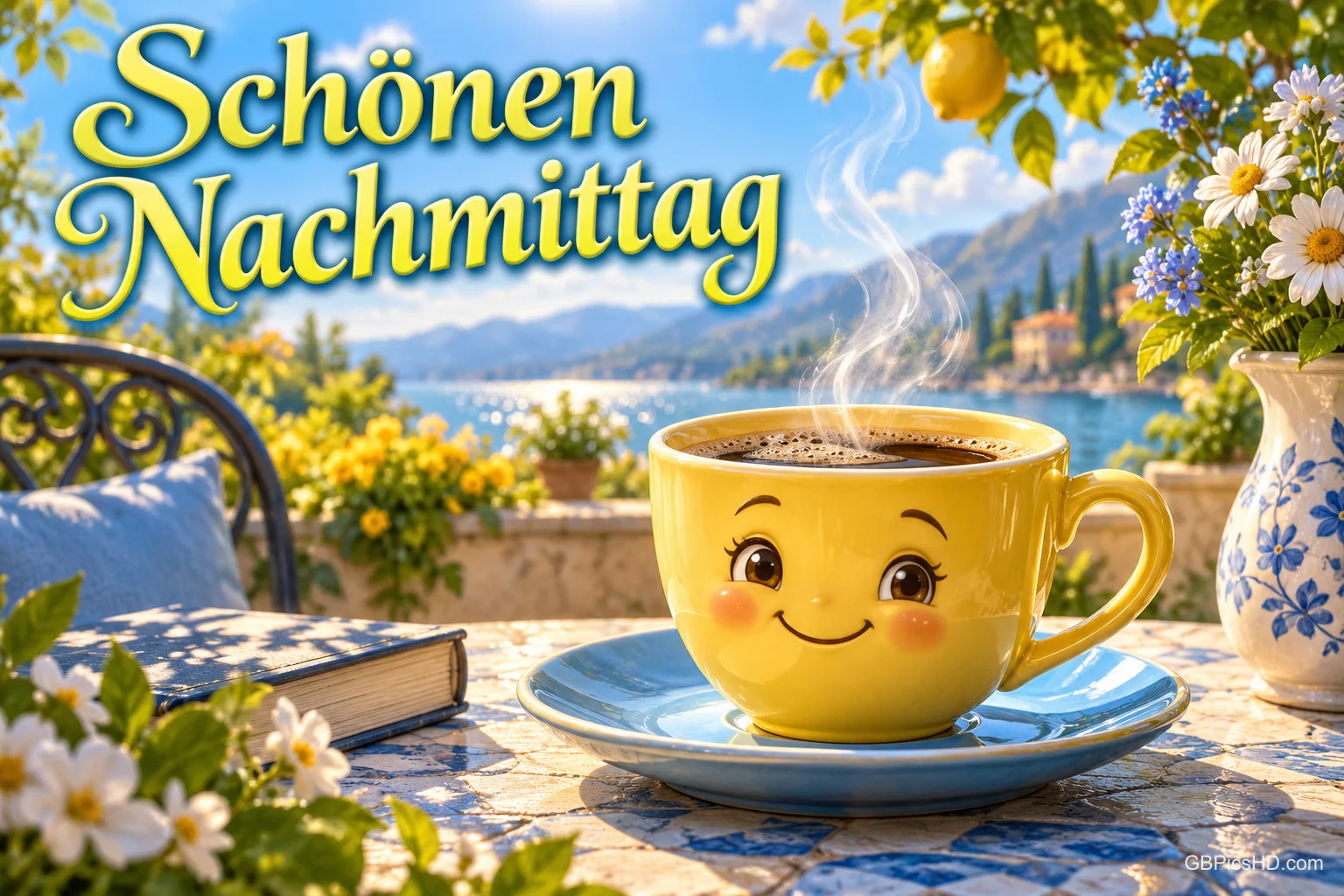 Eine gelbe Kaffeetasse mit lächelndem Gesicht steht neben einem Buch und Blumen am See mit "Schönen Nachmittag".