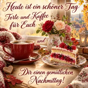Eine rote Kaffeetasse, Beerentorte und Rosen am herbstlichen Fenster mit "Dir einen gemütlichen Nachmittag!".