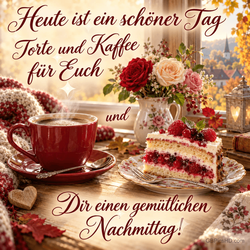 Eine rote Kaffeetasse, Beerentorte und Rosen am herbstlichen Fenster mit "Dir einen gemütlichen Nachmittag!".