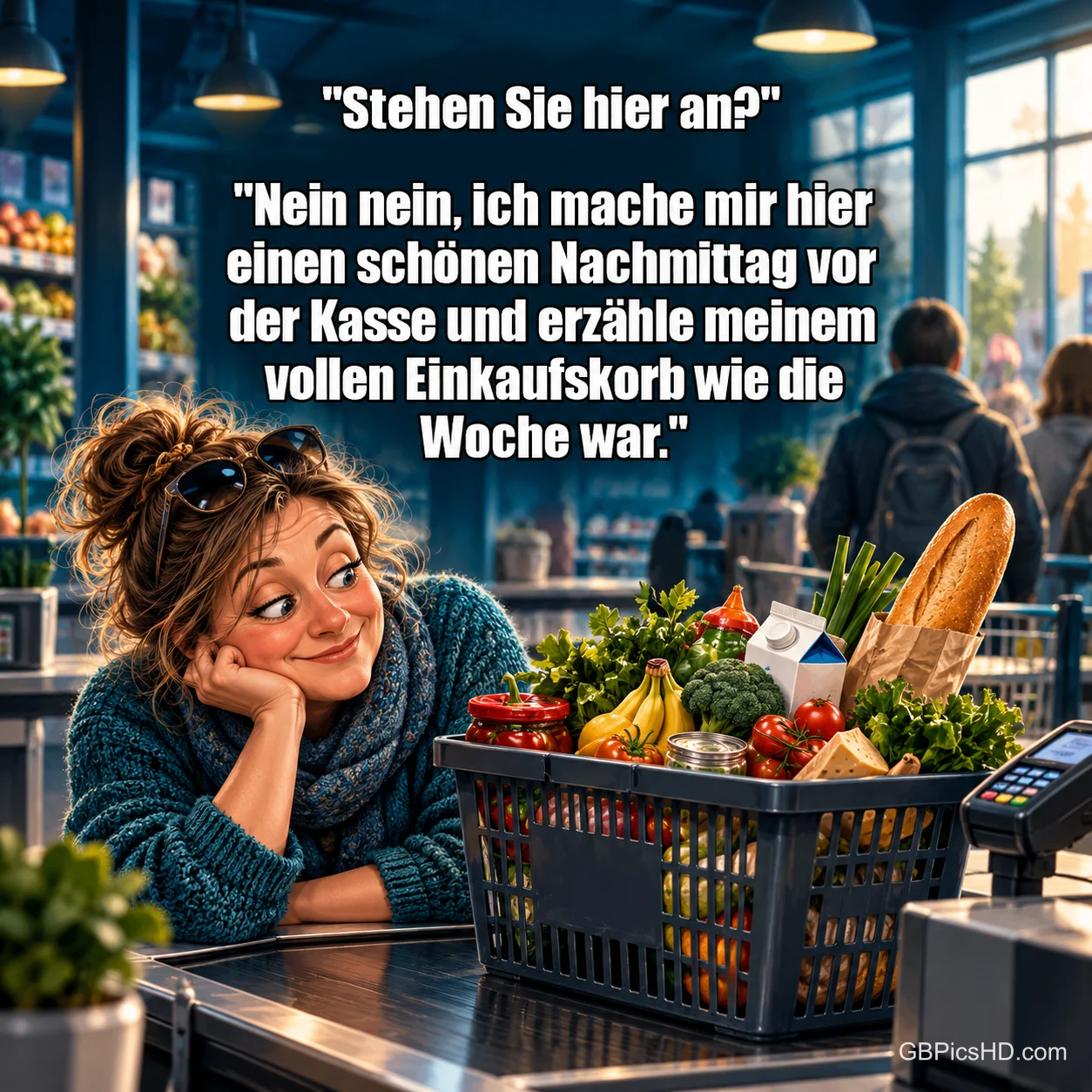 Eine Frau stützt neben einem vollen Einkaufskorb an der Kasse den Kopf auf die Hand; darüber steht "Stehen Sie hier an?".