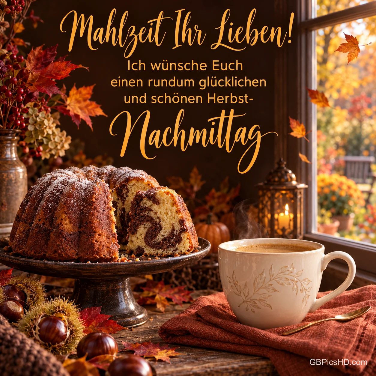 Marmorkuchen und eine Tasse stehen zwischen Herbstlaub und Kastanien am Fenster unter "Mahlzeit Ihr Lieben!".