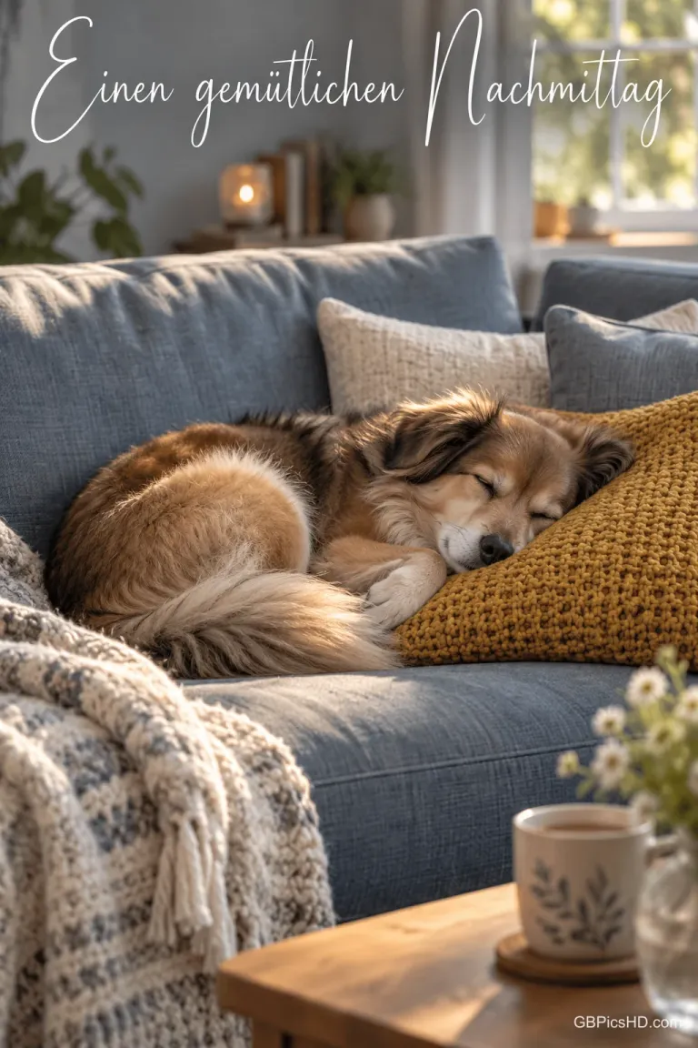 Ein Hund schläft auf einem grauen Sofa an einem senfgelben Kissen unter dem Gruß "Einen gemütlichen Nachmittag".