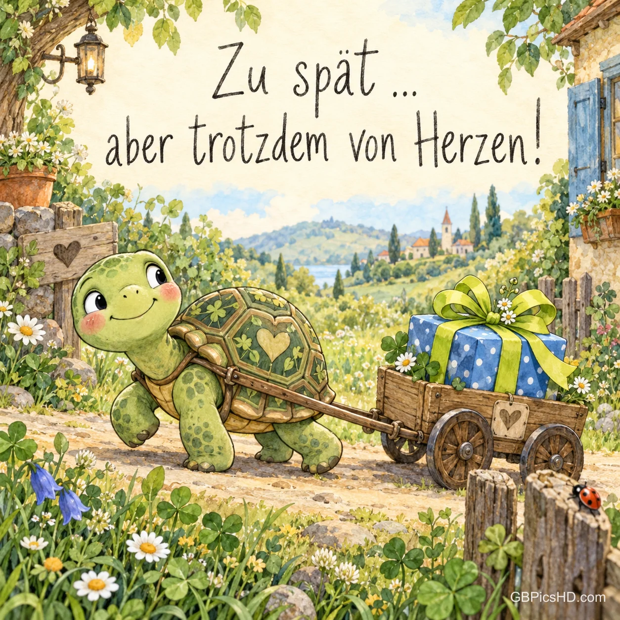 Eine Schildkröte zieht einen Holzwagen mit einem Geschenk unter dem Gruß "Zu spät ... aber trotzdem von Herzen!".