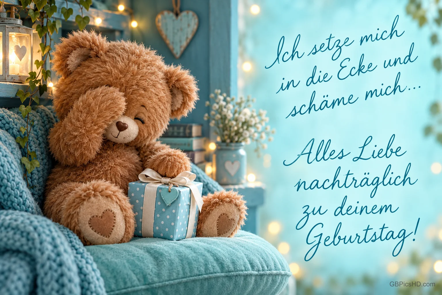 Ein Teddybär mit Geschenk verdeckt ein Auge neben dem Gruß "Alles Liebe nachträglich zu deinem Geburtstag!".