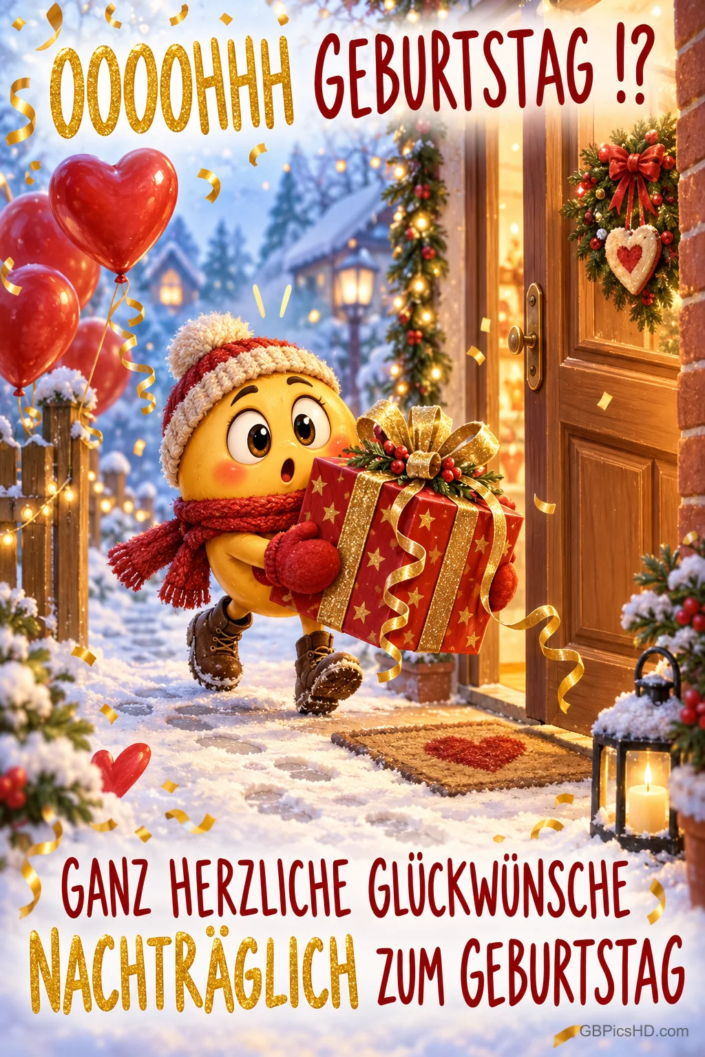 Eine gelbe Figur mit Wintermütze bringt ein Geschenk zur verschneiten Tür unter dem Ruf "Oooohhh Geburtstag!?". Eine gelbe Figur mit Wintermütze bringt ein Geschenk zur verschneiten Tür unter dem Ruf "Oooohhh Geburtstag!?".