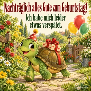 Eine Schildkröte trägt ein Geschenk im Garten unter "Nachträglich alles Gute zum Geburtstag! Ich habe mich leider etwas verspätet.".