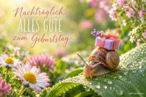 Eine Schnecke trägt ein lila Geschenk auf einem taufrischen Blatt neben "Nachträglich ALLES GUTE zum Geburtstag".