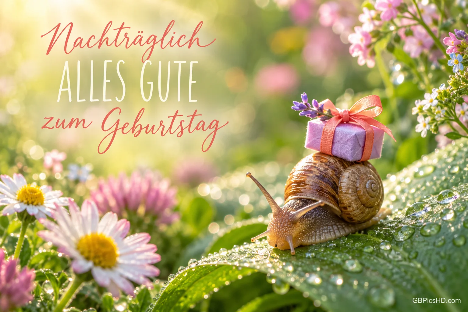 Eine Schnecke trägt ein lila Geschenk auf einem taufrischen Blatt neben "Nachträglich ALLES GUTE zum Geburtstag". Eine Schnecke trägt ein lila Geschenk auf einem taufrischen Blatt neben "Nachträglich ALLES GUTE zum Geburtstag".