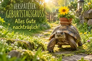 Eine Schildkröte trägt einen Blumentopf mit Sonnenblume auf dem Panzer neben dem Gruß "Alles Gute nachträglich!".