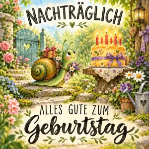 Eine Schnecke mit Geschenk und Blumen steht vor einer Kerzentorte zwischen den Worten "Nachträglich alles Gute zum Geburtstag".