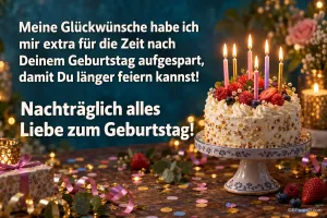 Eine Beerentorte mit brennenden Kerzen steht neben dem Gruß "Nachträglich alles Liebe zum Geburtstag!".