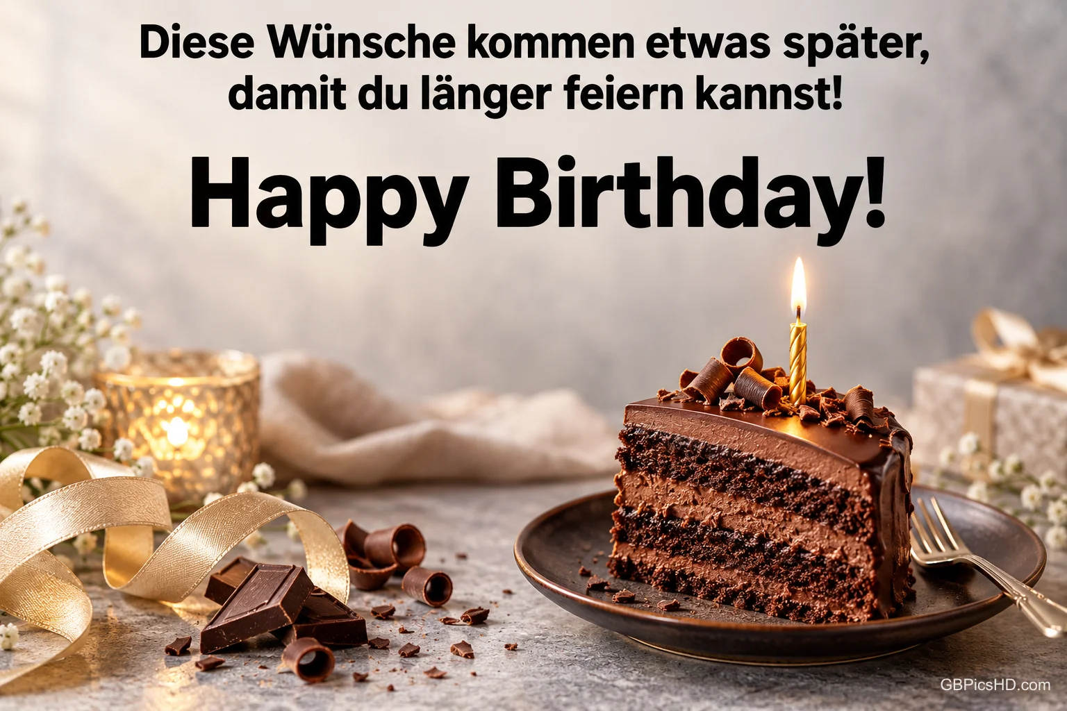 Schokoladenkuchenstück mit Kerze: "Diese Wünsche kommen etwas später, damit du länger feiern kannst! Happy Birthday!"