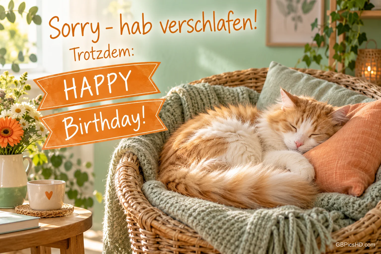 Eine schlafende Katze liegt im Korbsessel neben Blumen und einer Tasse mit "Sorry - hab verschlafen! Trotzdem: HAPPY Birthday!".