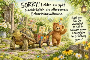 Eine Schildkröte zieht einen Wagen mit Geschenken, daneben winkt ein Teddybär unter "SORRY! Leider zu spät...".