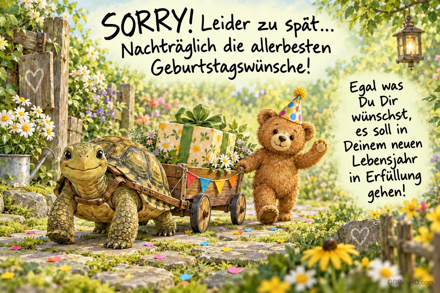 Eine Schildkröte zieht einen Wagen mit Geschenken, daneben winkt ein Teddybär unter "SORRY! Leider zu spät...".