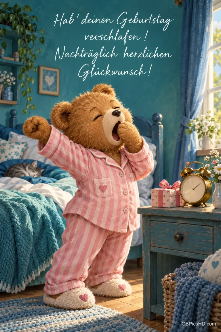 Ein Teddybär im rosa Schlafanzug gähnt neben Wecker und Geschenk unter "Hab' deinen Geburtstag verschlafen!".