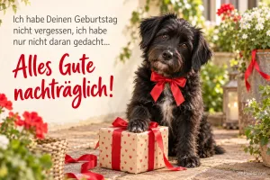 Schwarzer Hund mit Geschenk: "Ich habe Deinen Geburtstag nicht vergessen, ich habe nur nicht daran gedacht... Alles Gute nachträglich!"