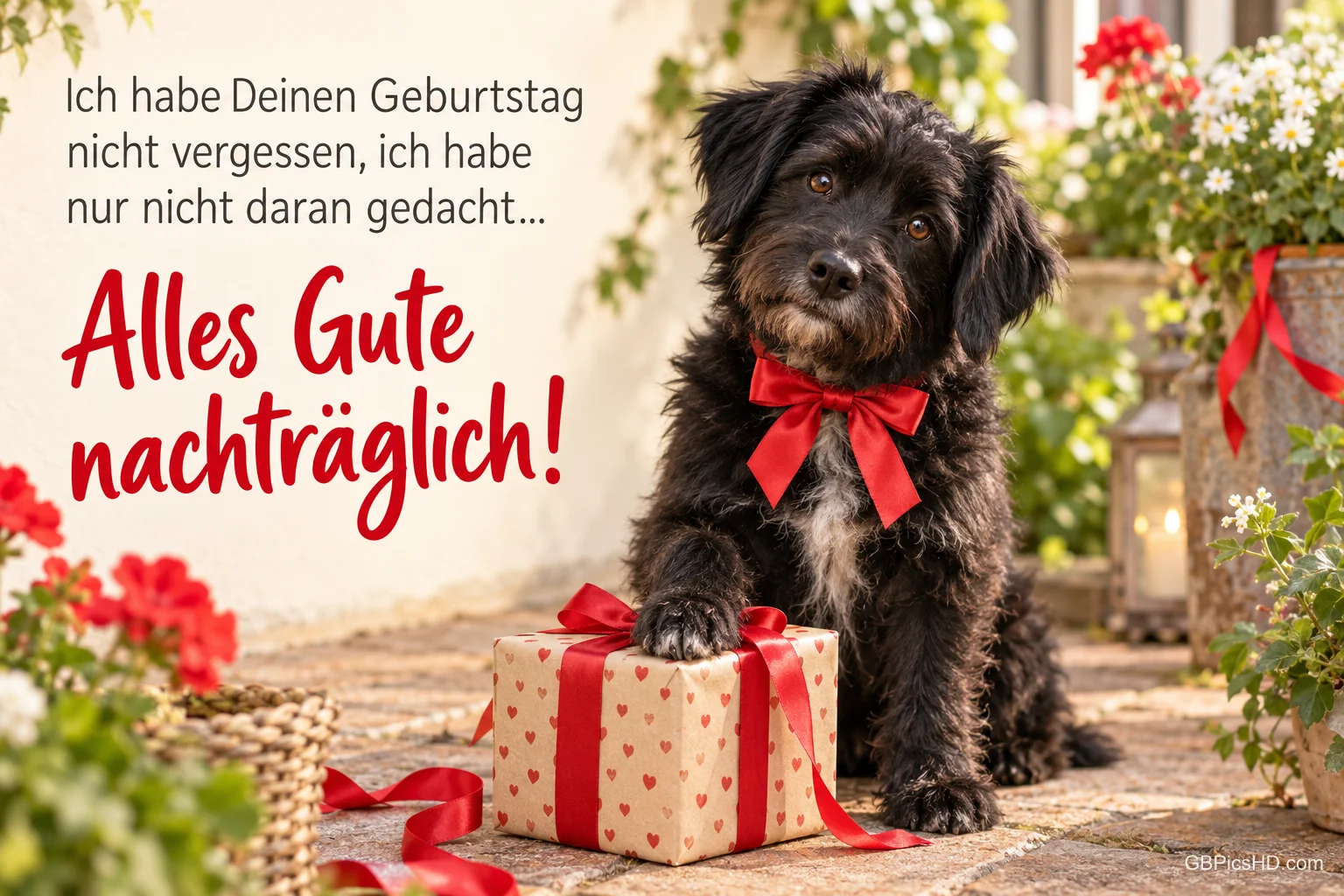 Schwarzer Hund mit Geschenk: "Ich habe Deinen Geburtstag nicht vergessen, ich habe nur nicht daran gedacht... Alles Gute nachträglich!" Schwarzer Hund mit Geschenk: "Ich habe Deinen Geburtstag nicht vergessen, ich habe nur nicht daran gedacht... Alles Gute nachträglich!"