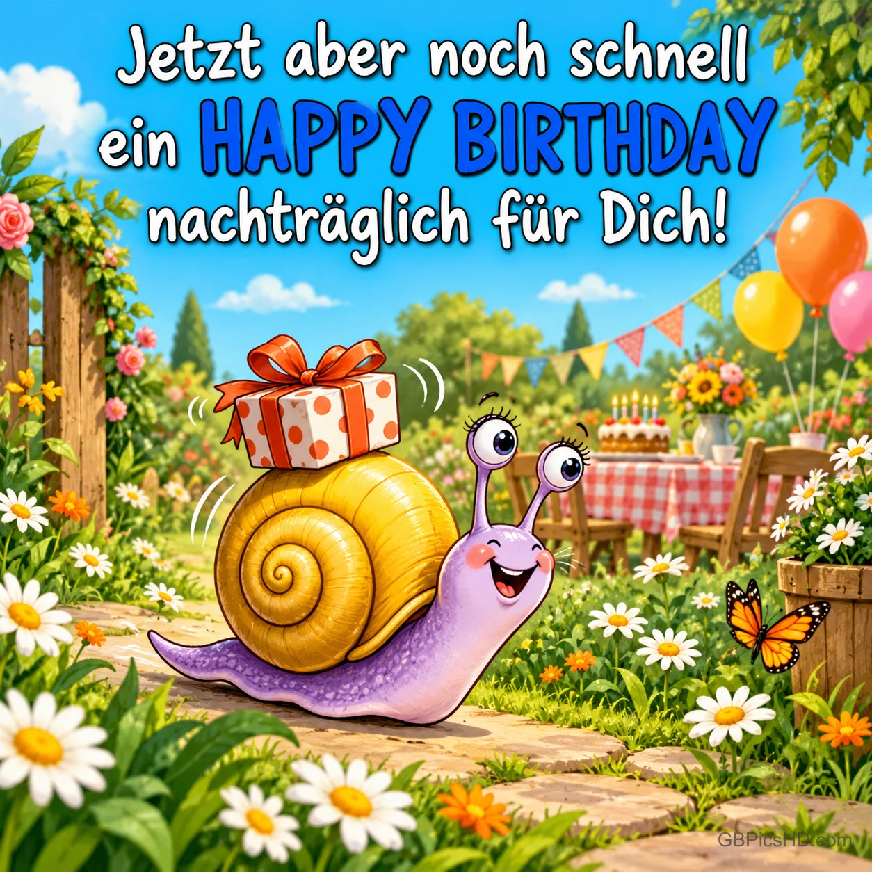 Lila Schnecke mit Geschenk im Garten: "Jetzt aber noch schnell ein HAPPY BIRTHDAY nachträglich für Dich!"