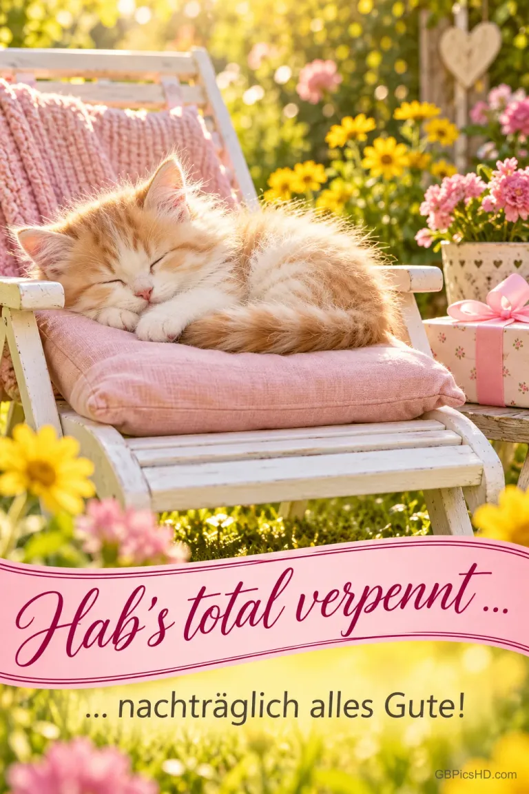 Kätzchen schläft auf einem rosa Stuhlkissen: "Hab’s total verpennt ... ... nachträglich alles Gute!"