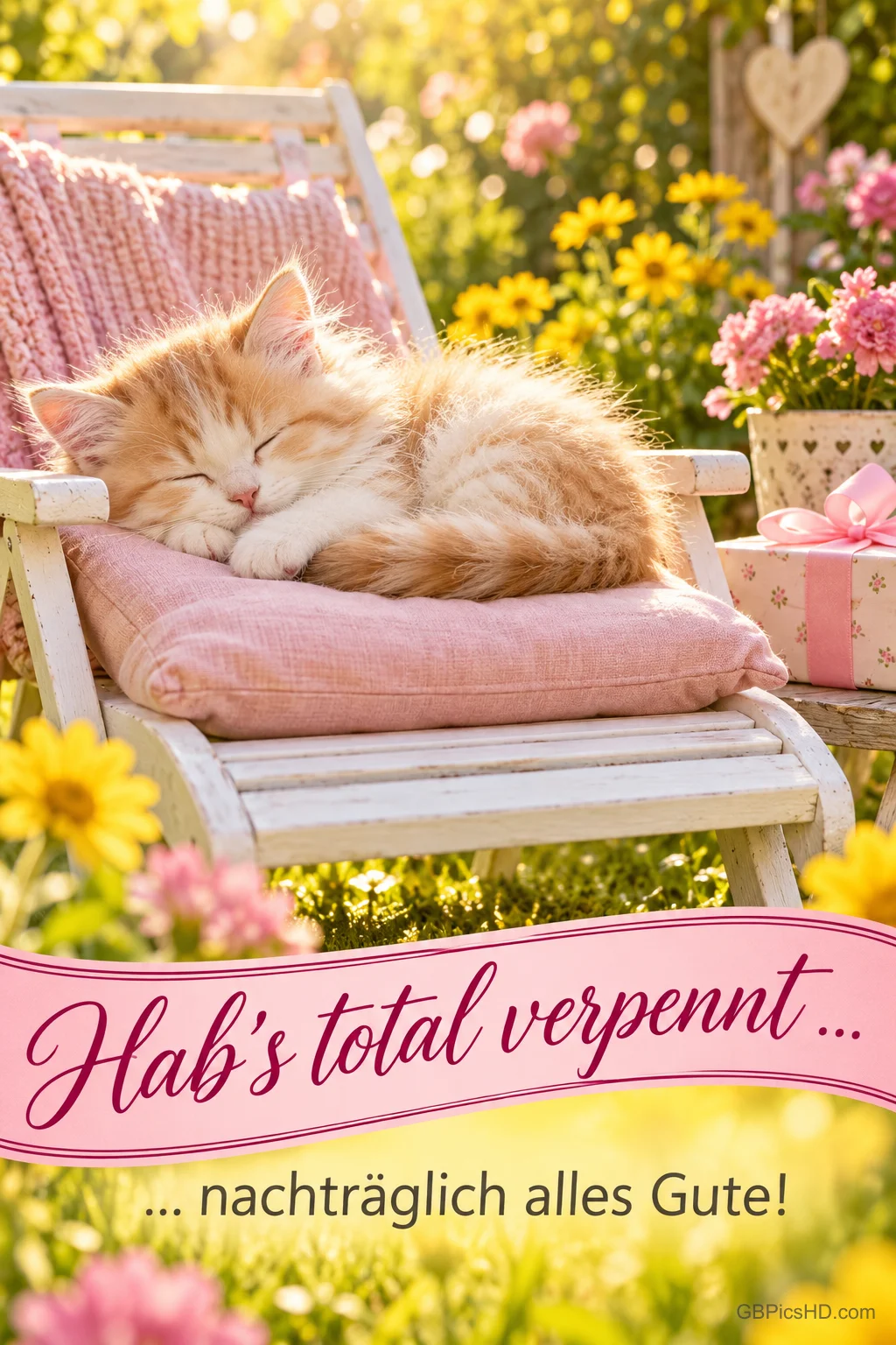 Kätzchen schläft auf einem rosa Stuhlkissen: "Hab’s total verpennt ... ... nachträglich alles Gute!"